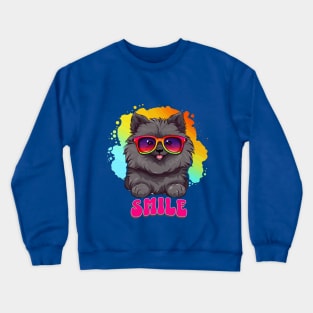 Cute, colorful Keeshond puppy, wearing sunglasses and a smile Crewneck Sweatshirt